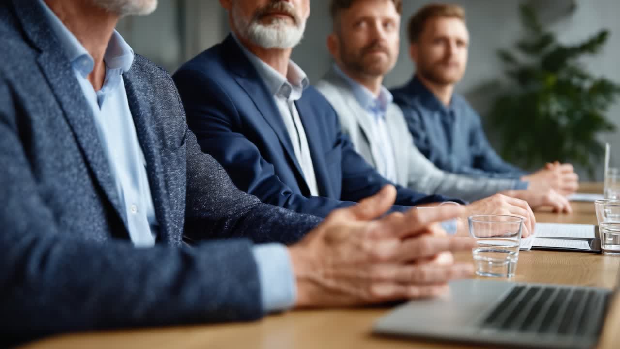 A Corporate Meeting in Progress: Focus on Attendees Engaged in Discussion and Decision-Making with Documents and Digital Devices on the Table