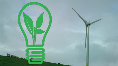 animación de una planta en una bombilla verde sobre una turbina eólica contra un cielo nublado