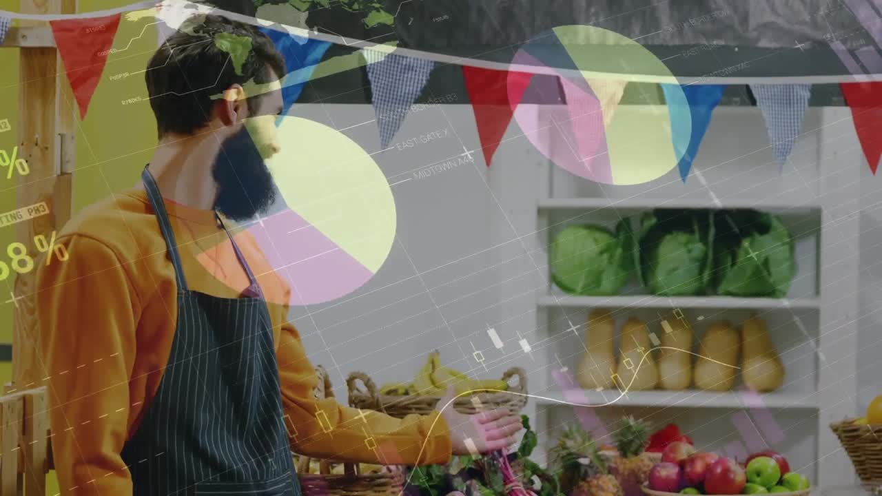 식료품 가게에서 행복한 백인 남성 판매자에 대한 금융 그래프의 애니메이션