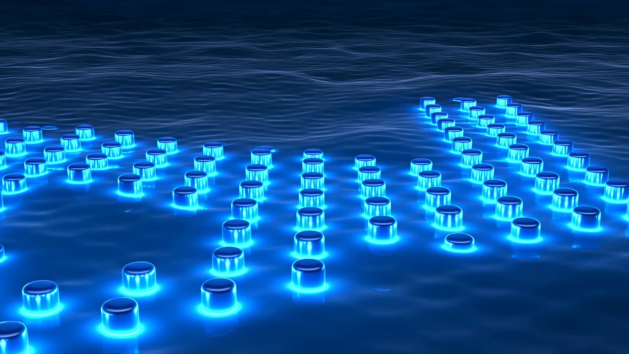 Glowing Blue Nodes On Dark Water, Rows Of Illuminated Cylinders Form Arrowlike Grid Across Sea, Neon