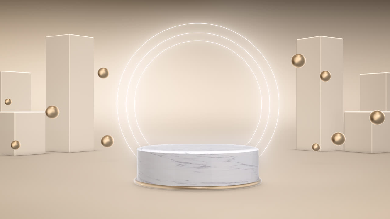 3d 렌더 포디움은 금색 프레임과 네온 반지로 된 대리석으로 만들어졌으며 상자 배경에 있습니다.