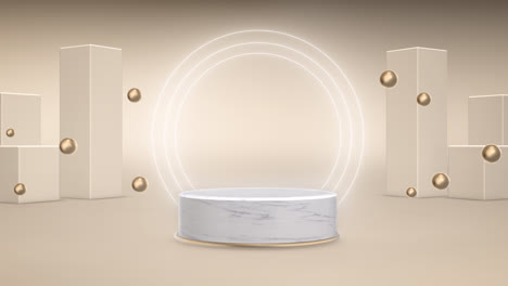 3d render podio hecho de mármol con un marco de oro y anillos de neón contra un fondo de cajas y