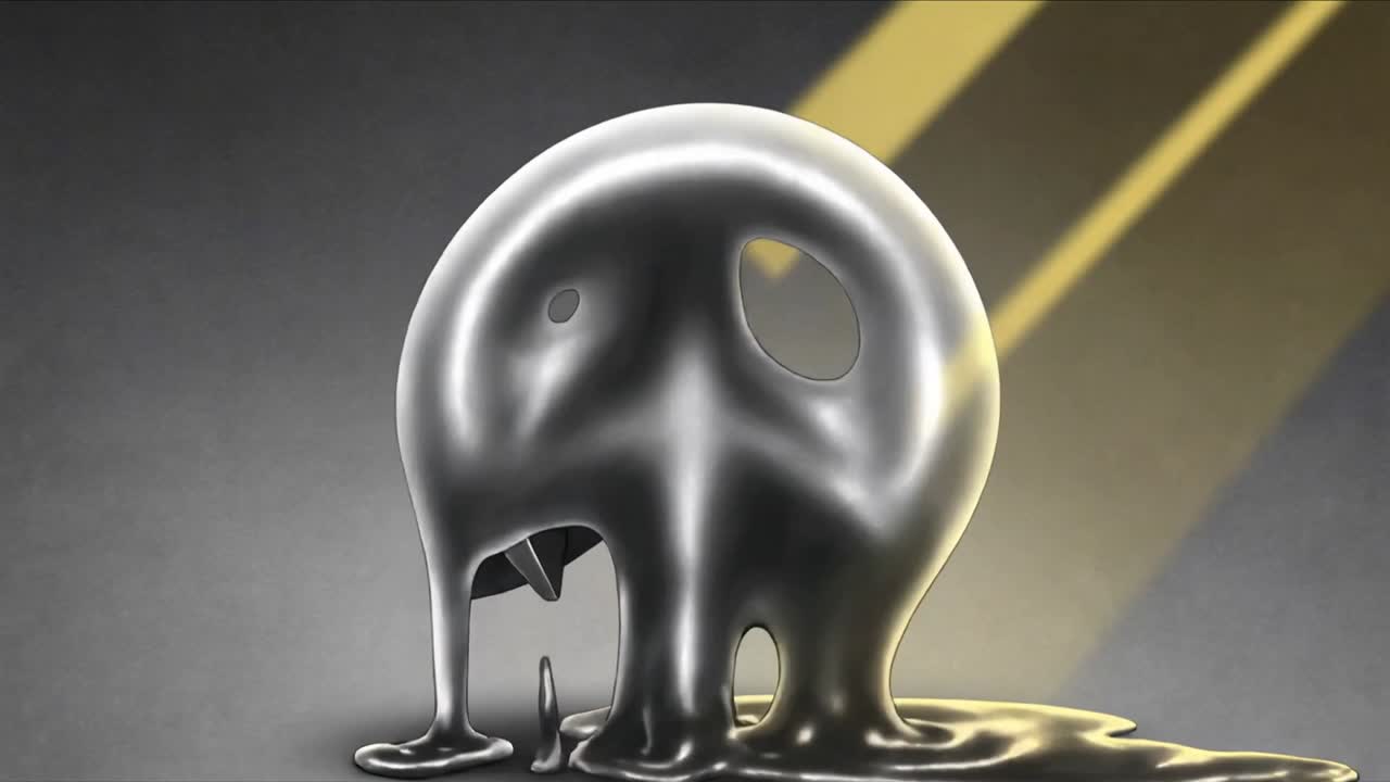 Melting metal ring with sphere and fins, gravity pulling molten layer into peace symbol, warm beams