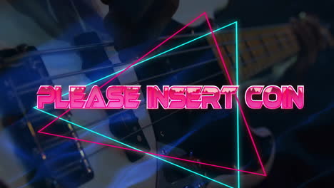 animation of please insert coin text over neon pattern background