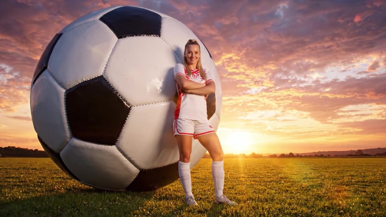 Un calciatore sicuro di sé posa con un pallone da calcio gigante sullo sfondo di un bellissimo tramonto, celebrando lo spirito del gioco e il lavoro di squadra.