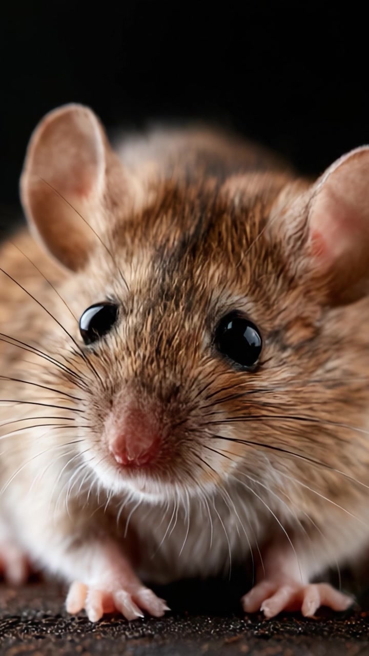 Close-Up of a Curious Mouse: Captivating Details of Its Furry Body and Expressive Eyes in a Dark Environment, Showcasing Nature's Charm