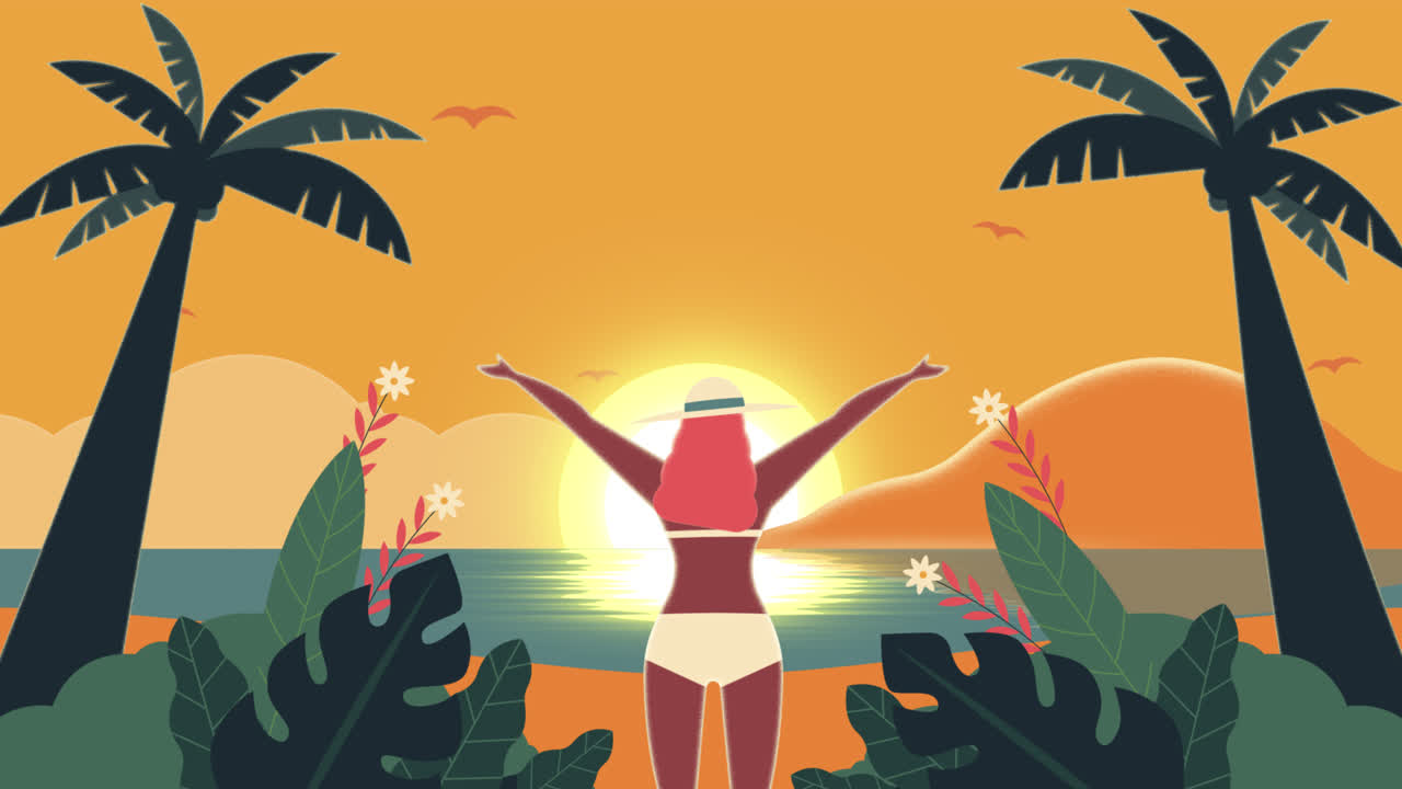 열대 해변 에서 일몰 을 즐기는 여자