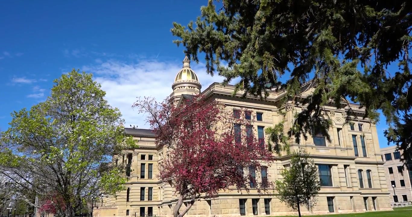Vista laterale del Campidoglio dello Stato del Wyoming dietro gli alberi