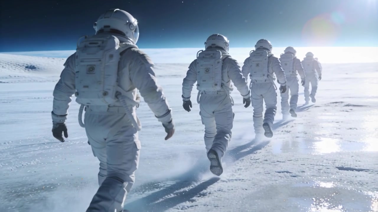 Kuusi avaruuspukuista astronauttia tutkii jäätynyttä tasankoa kohti aurinkoa, jättäen jälkiä ja höyrypilviä.