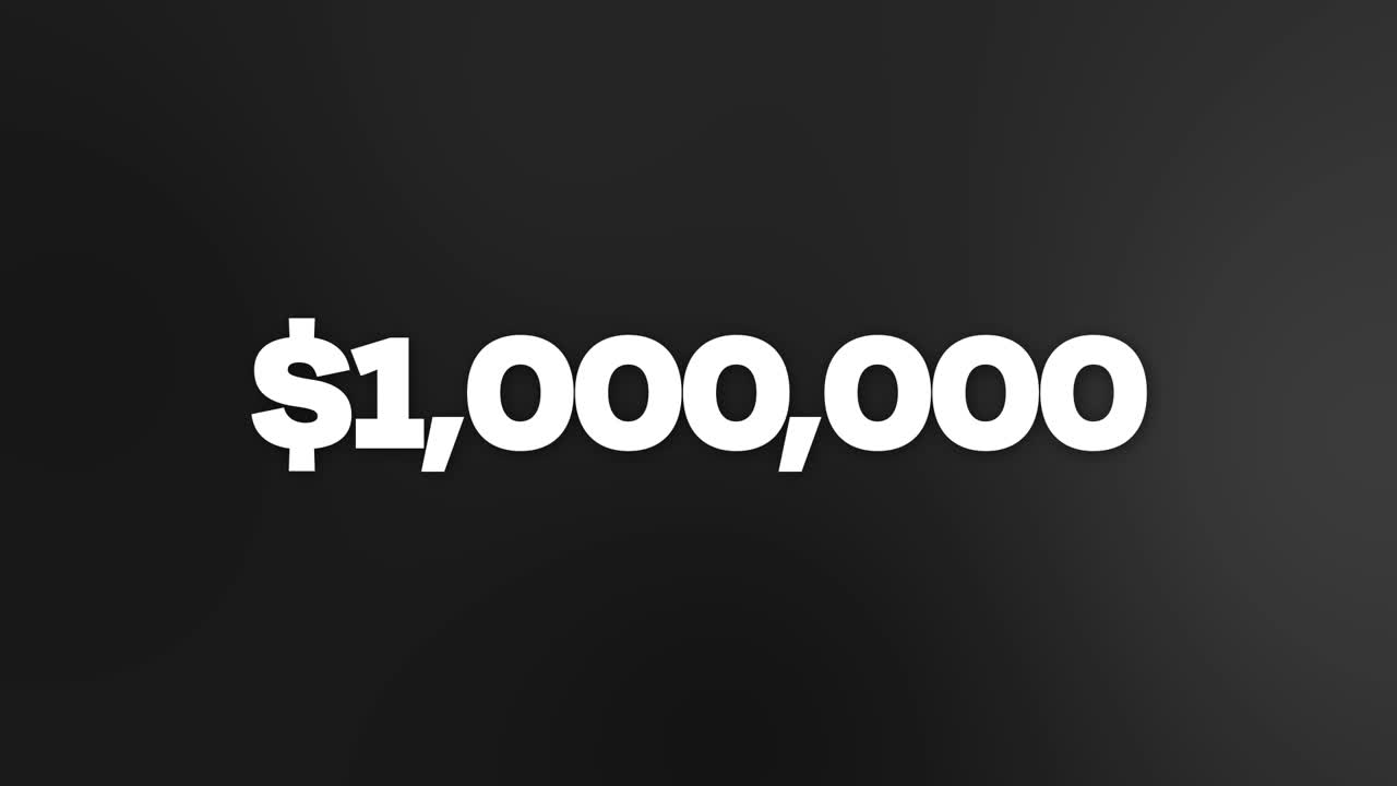 Conteggio rapido del numero di iscritti su YouTube fino a un milione su sfondo gradiente nero pulito e moderno, con contatore di iscritti che aumenta rapidamente da 0 a 1 milione