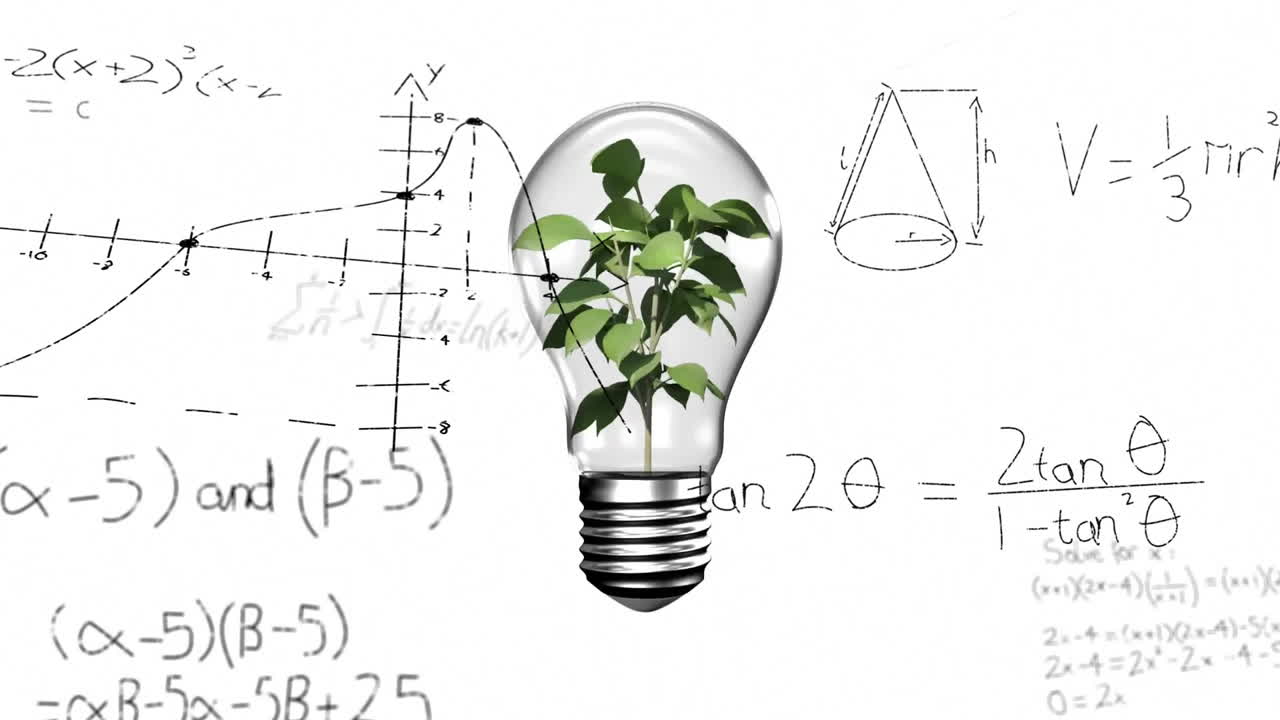 Animazione di lampadina con pianta sulla mano di una donna ed elaborazione dati matematici