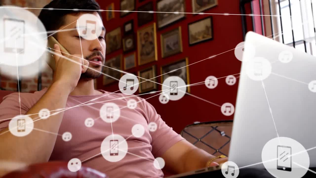 animación de una red de conexiones con iconos a través de un smartphone