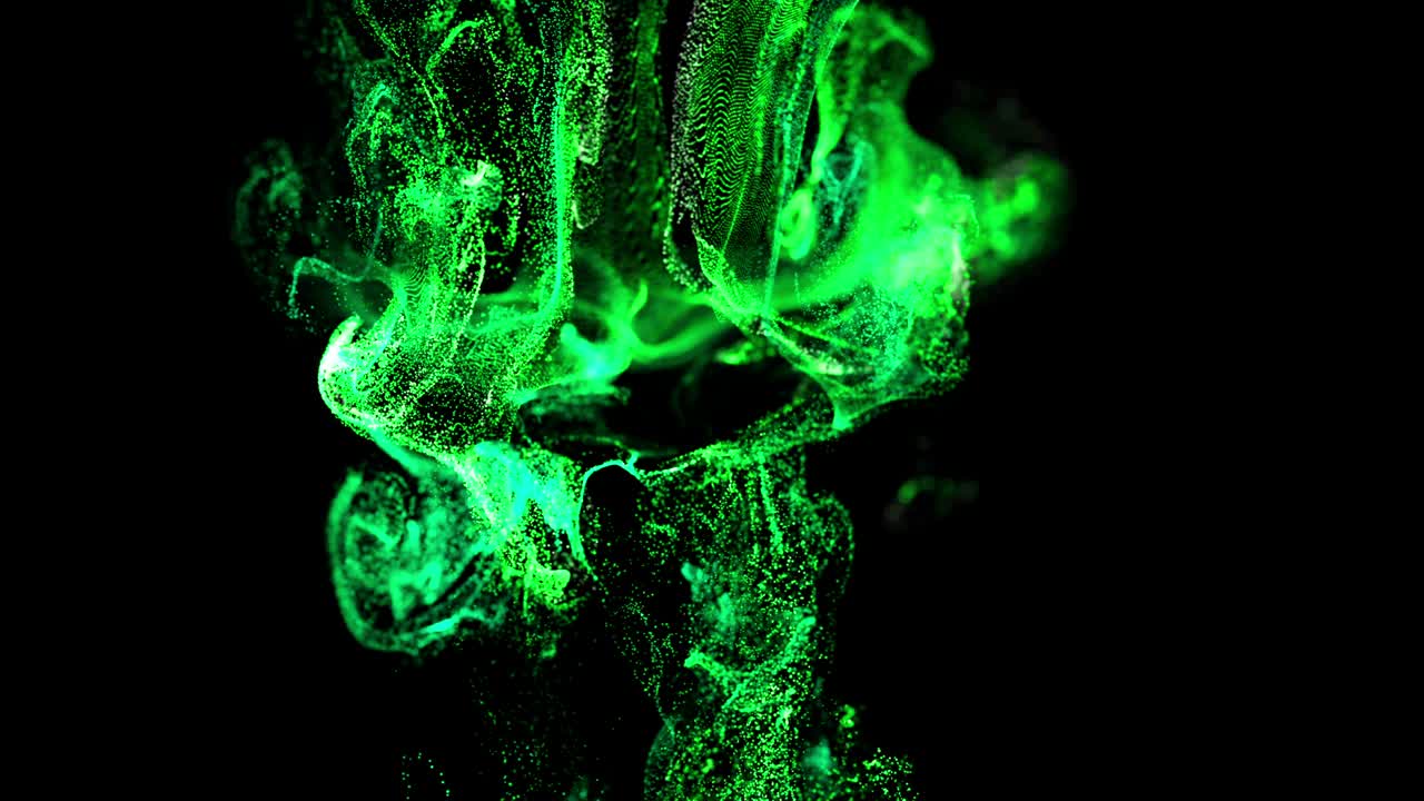 частицы свечения 4k движутся в потоке жидкости перед камерой в замедленном движении. 3d-эффект чернил для светящихся частиц, адвекция. используйте люма-матте в качестве альфа-канала для резки частиц. зеленый 3