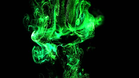 4k glow particles move in a stream of liquid in front of the camera in slow motion. 3d ink effect for luminous particles, advection. use luma matte as alpha channel to cut particles. green 3