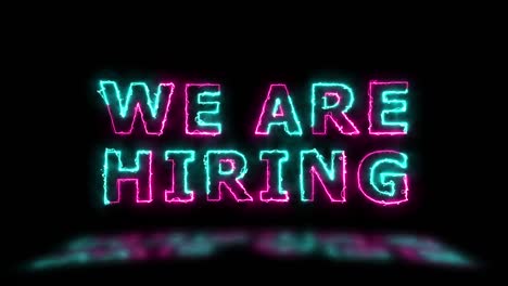 'we are hiring' pink and green energy border lines title animation with reflection on a floor. simple seamless loop animated text. 4k typography motion graphic