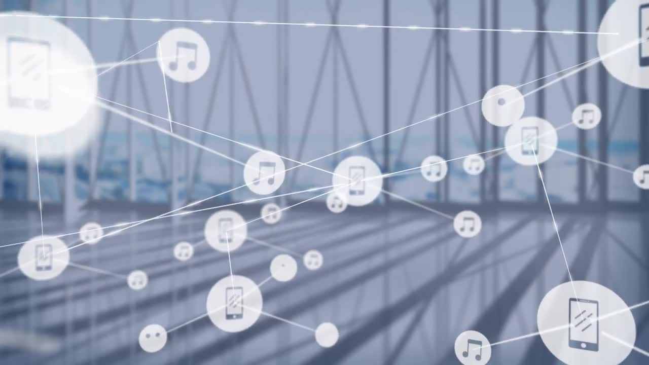 사무실 창문에서 도시 풍경을 볼 수 있는 디지털 아이콘 네트워크의 애니메이션