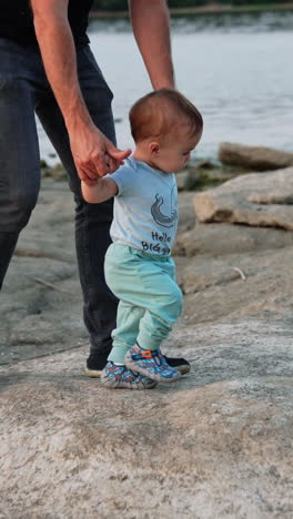 little cute toddler stepping by the stones supported by his father. loving dad teaching baby to walk in nature. river at backdrop. vertical video