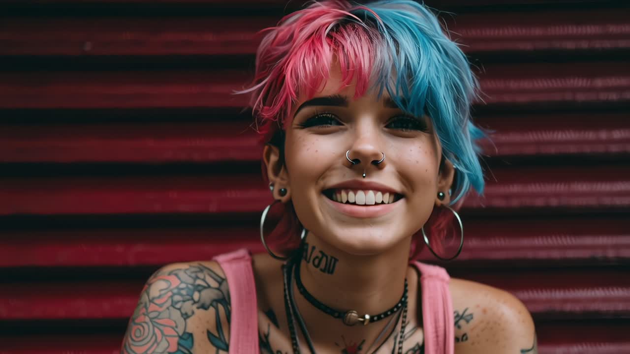Young woman with colorful hair expressing different emotions