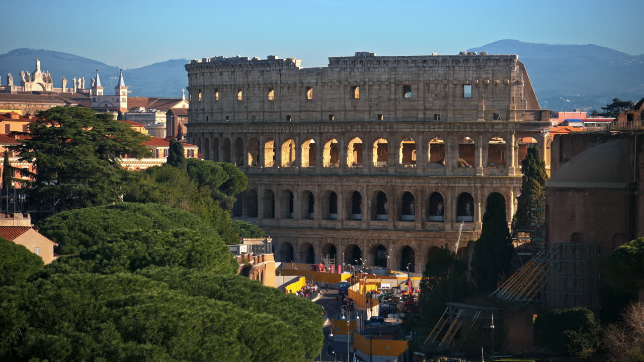 Distant view of the Colosseum with city view in the background, Rome, Italy