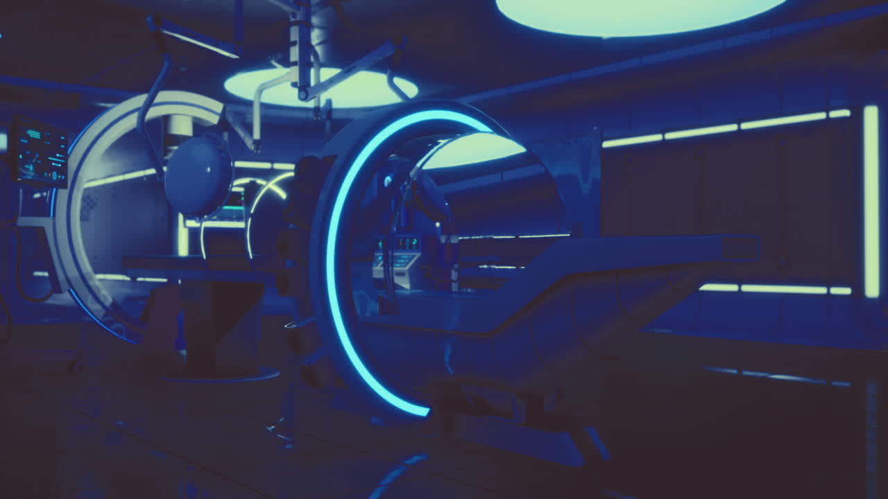 Attrezzature mediche ad alta tecnologia in una struttura sanitaria futuristica di notte