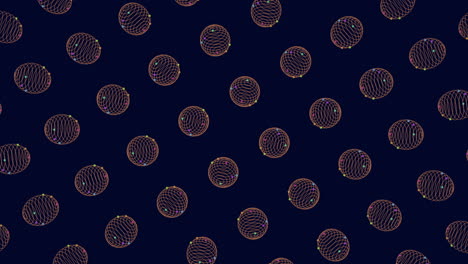 symmetrical circular pattern with orange and blue lines and dots on dark blue background