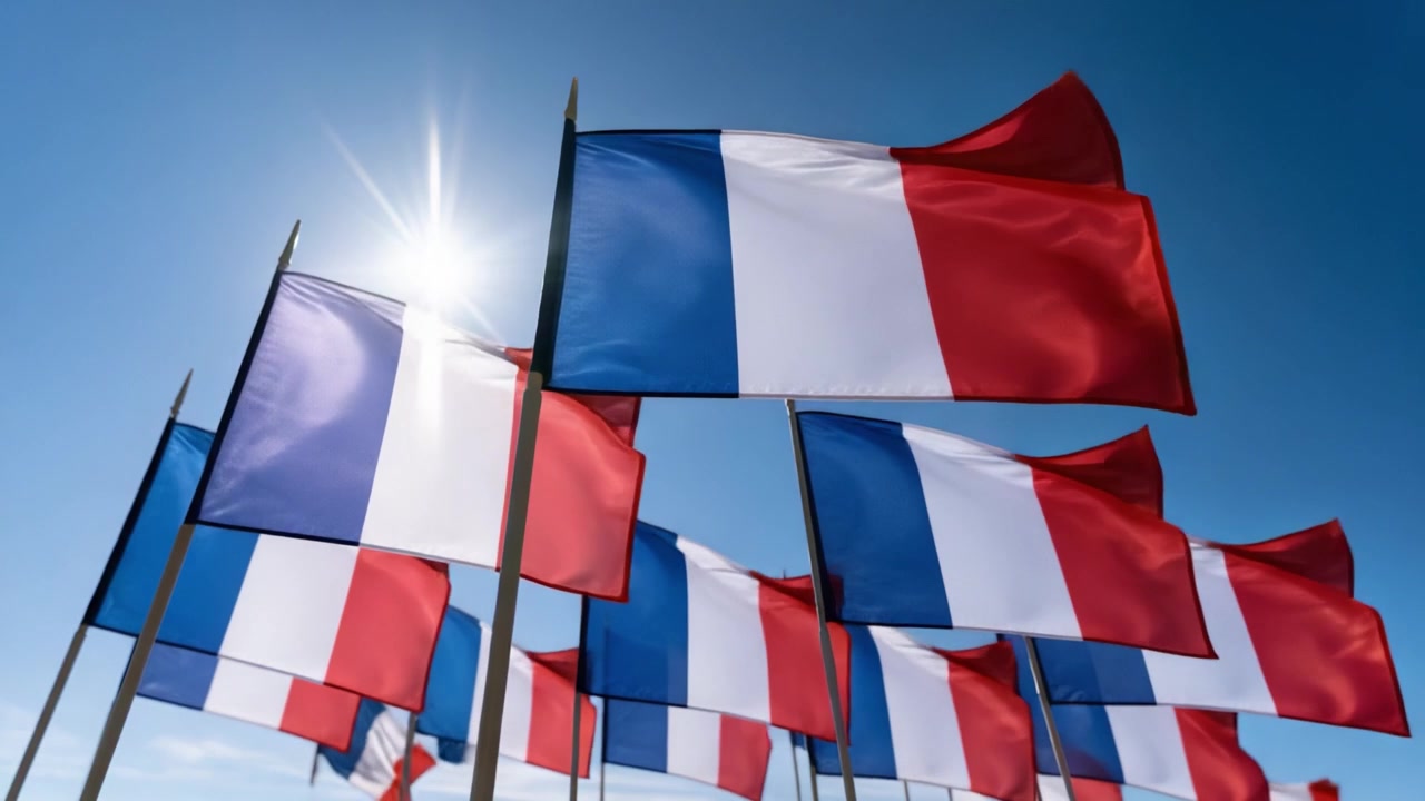 A Vibrant Display of French Flags Beautifully Waving in the Breeze Under a Clear Sky with Bright Sunlight, Symbolizing National Pride and Unity