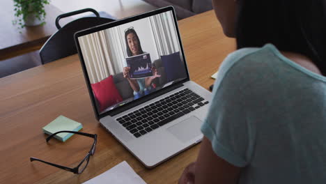 mujer afroamericana haciendo una videollamada con una colega en una computadora portátil