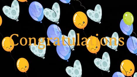 Animation-Von-Glückwunschtexten-über-Bunten-Luftballons-Auf-Schwarzem-Hintergrund
