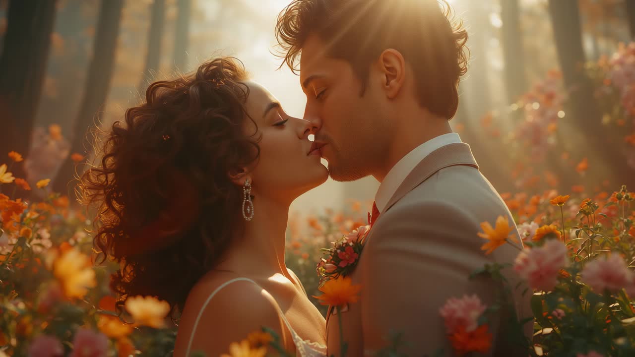 Leaning bride initiating kiss with groom in forest glade, showing dress and boutonniere for wedding