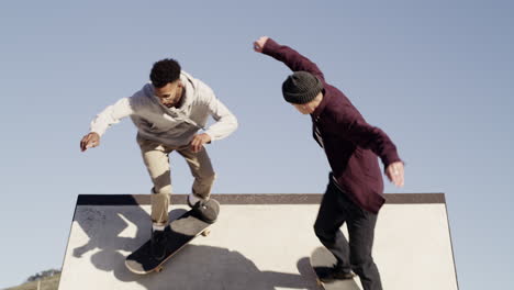 skateboarders performing tricks at a skatepark