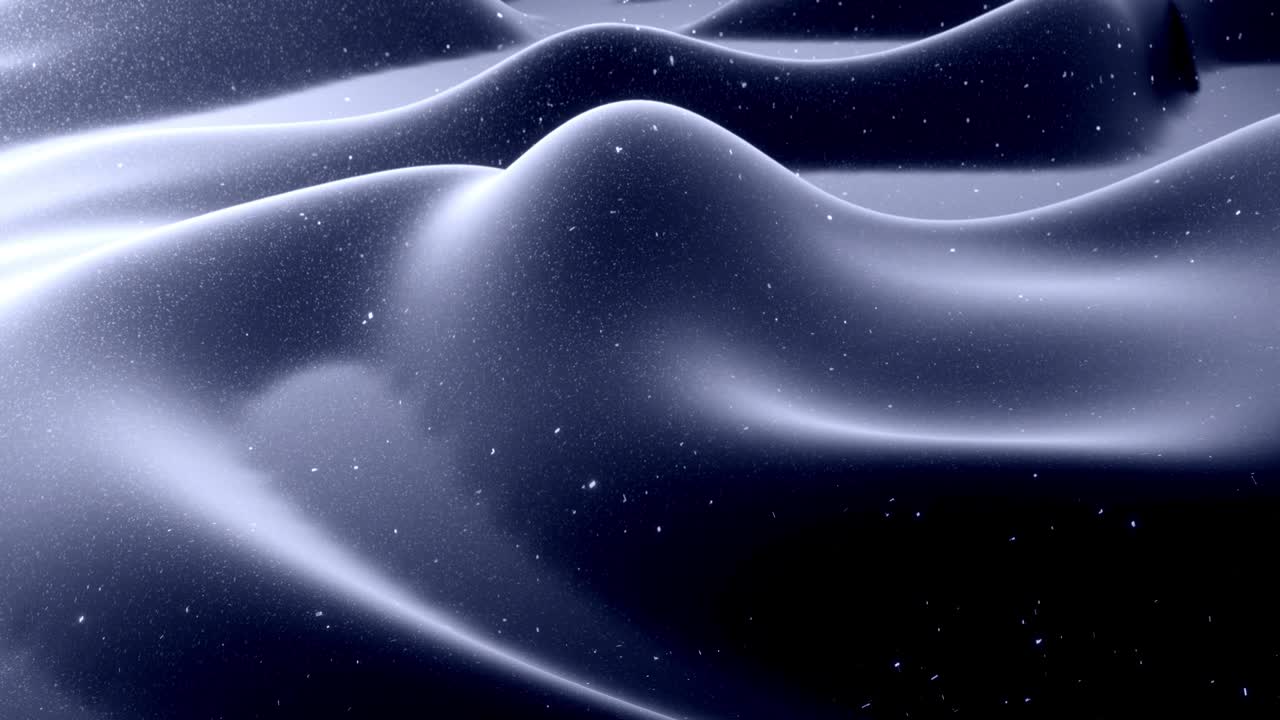 Stylish festive black bg. Fantastical abstract looped background, waves move on glossy surface like landscape made of liquid blue wax with sparkles. Beautiful soft background with smooth animation 4k