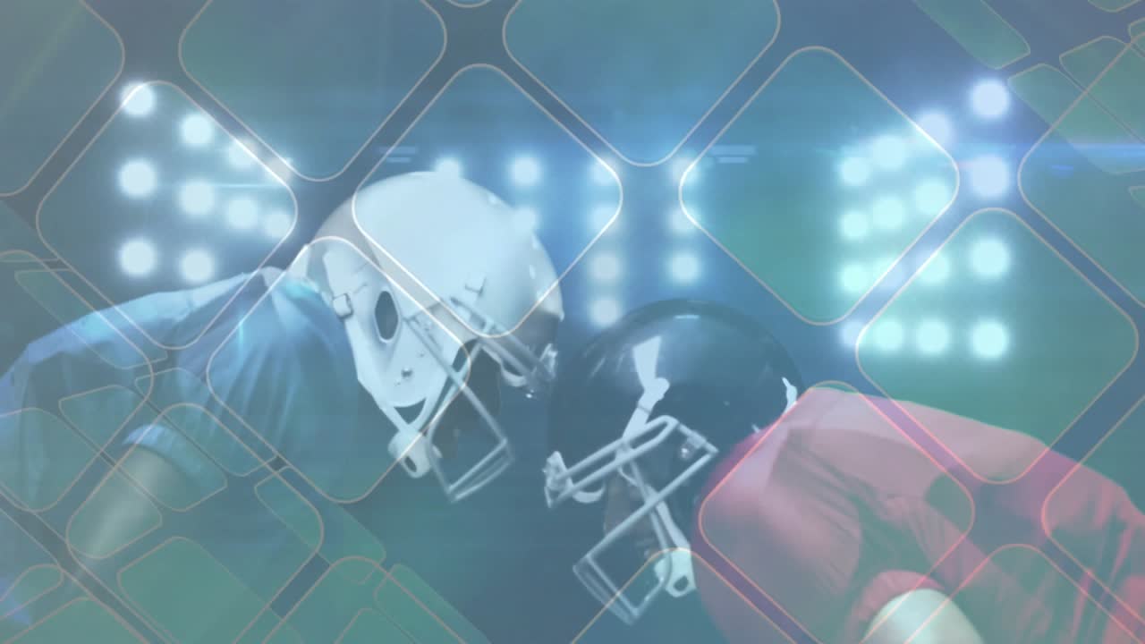 Opposing football players locking helmets floodlit as digital grid fading in preparing for snap