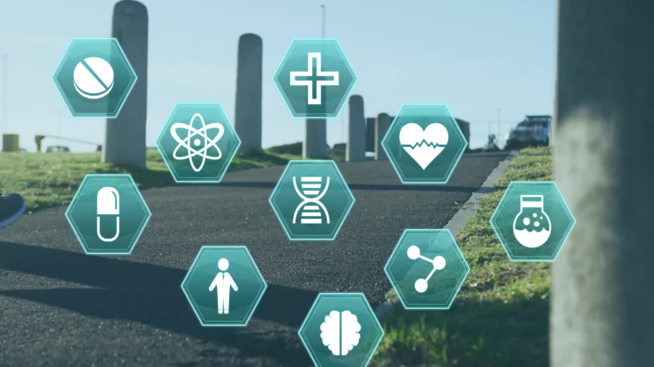 공원에서 조 ⁇ 하는 여성 위에 의학 아이콘의 애니메이션