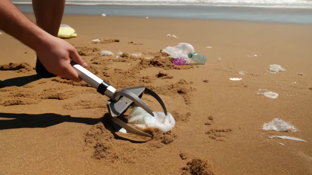 Volunteer uses a litter picker to clean up plastic trash on a polluted beach