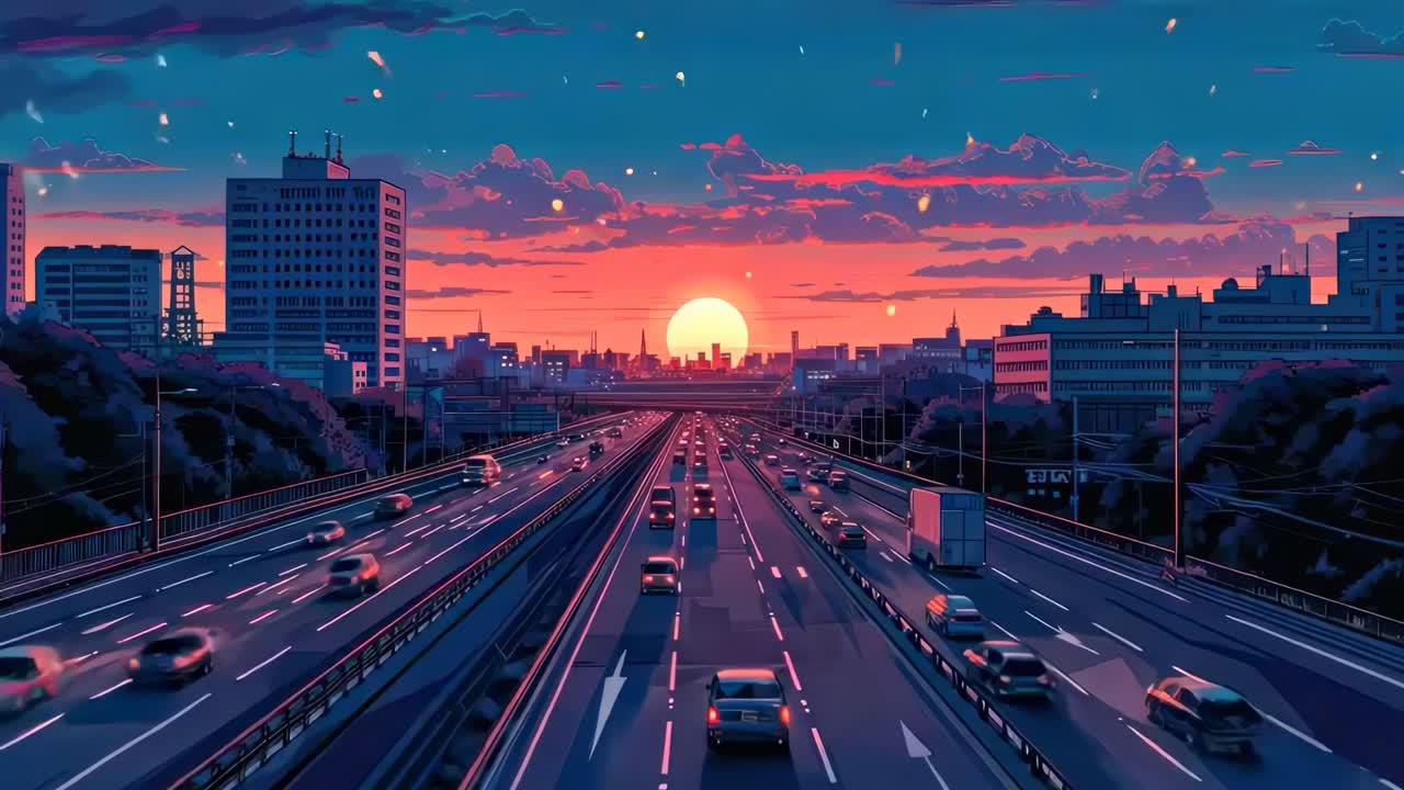 Animated cityscape at sunset with a wide-angle view of a highway, capturing a serene, cinematic