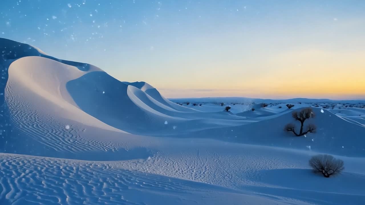 Snowfall at sunset over desert dunes, with soft light and serene beauty. Ideal for winter and desert themed projects