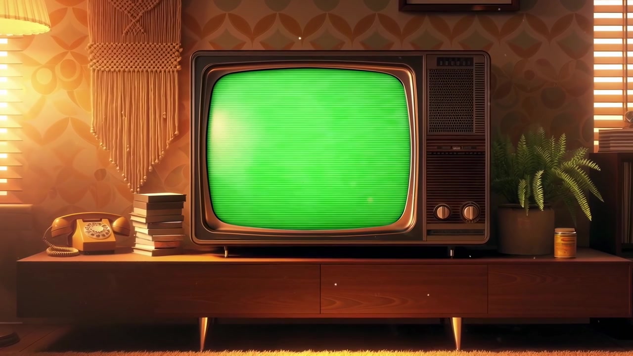 Televisore vintage con schermo verde in un salotto retrò