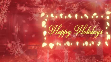 Animation-of-happy-holidays-text-over-fairy-lights-banner-against-snowflakes-on-red-background