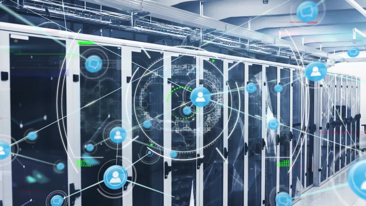 Animation of network of connections with icons and data processing over server room