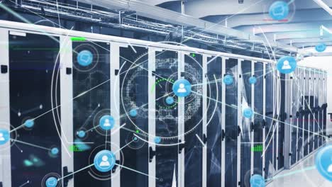 animation of network of connections with icons and data processing over server room
