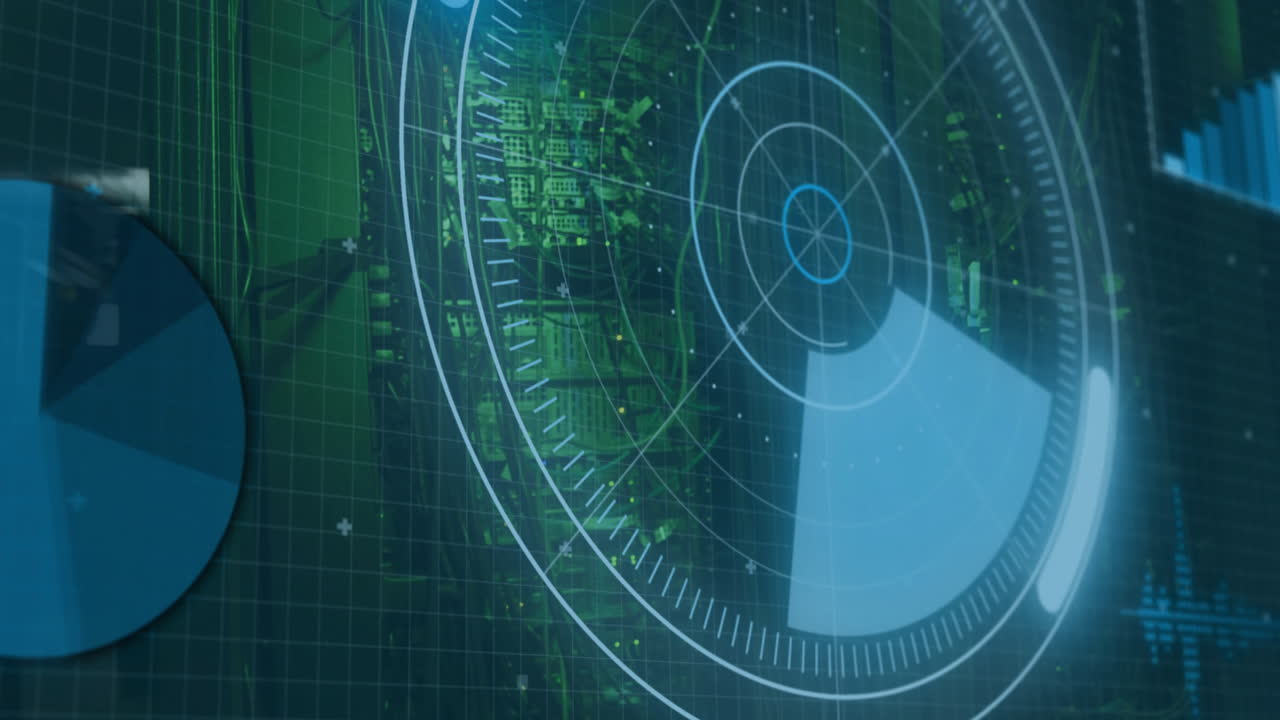 animación de escaneo de radar sobre el paisaje urbano con líneas de cuadrícula y puntos de datos