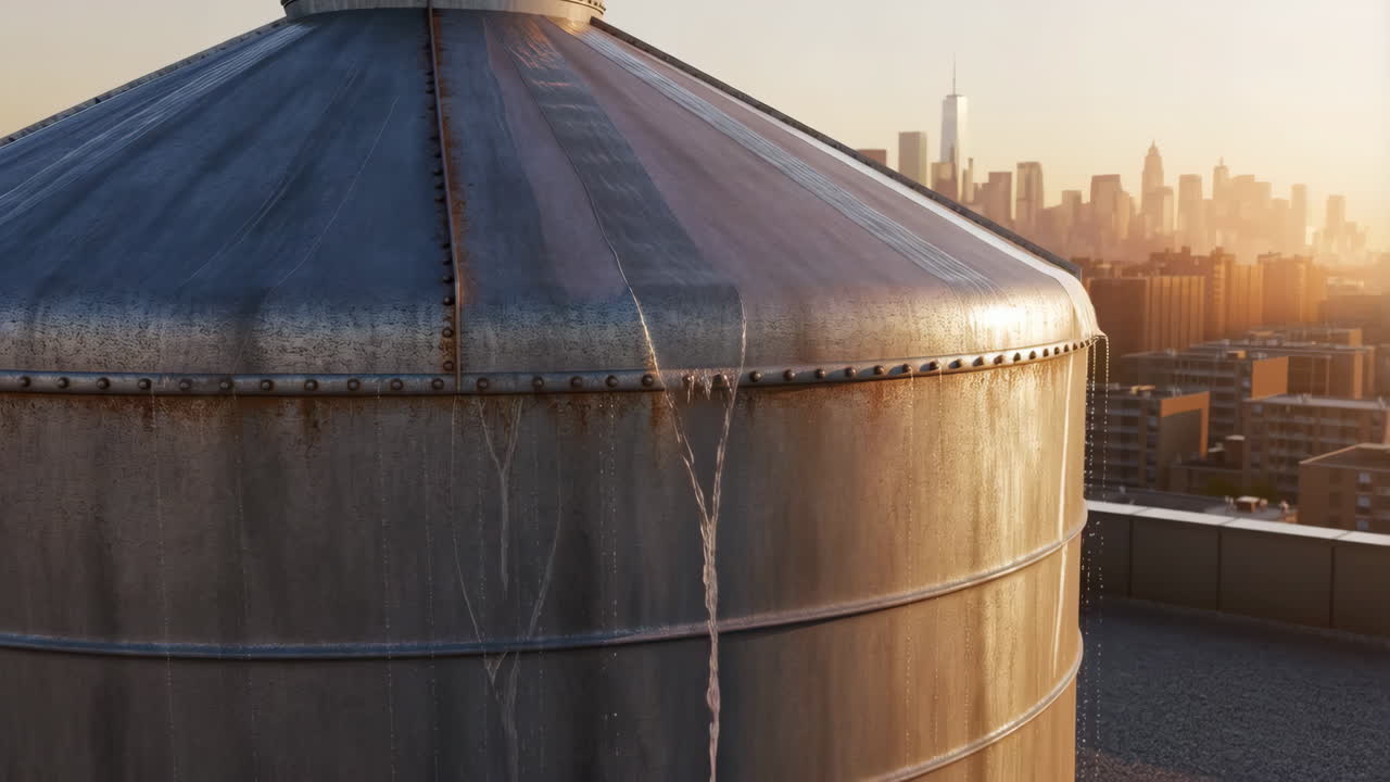 Water Overflowing from a Rooftop Tank with a City Skyline at Sunset