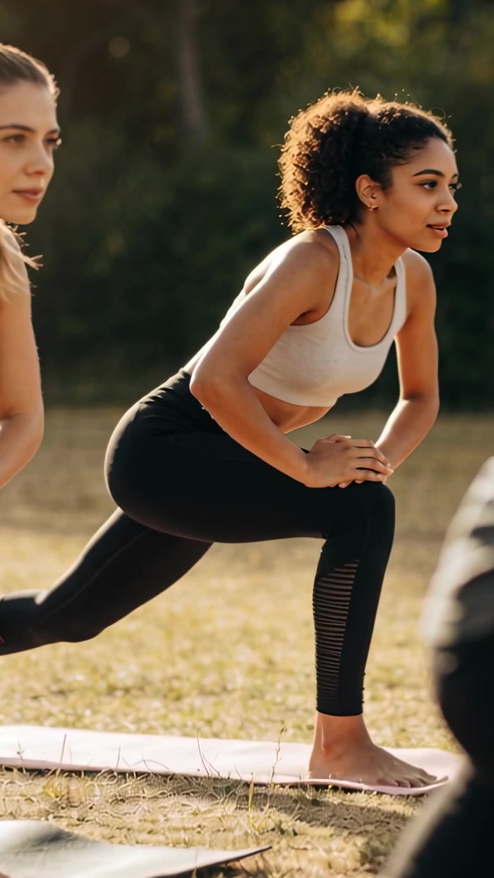 Vertical video: Starting aligned woman in white bra doing forward lunge on mat at park for workout