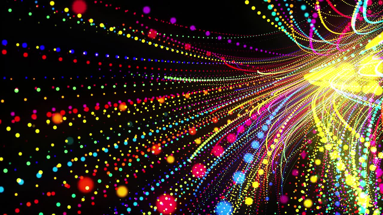 abstract 3d loop background with glowing particles lined up in a row along curved lines in 3d space. Festive vj loop with multicolored particles and smooth animated camera. Motion design background.