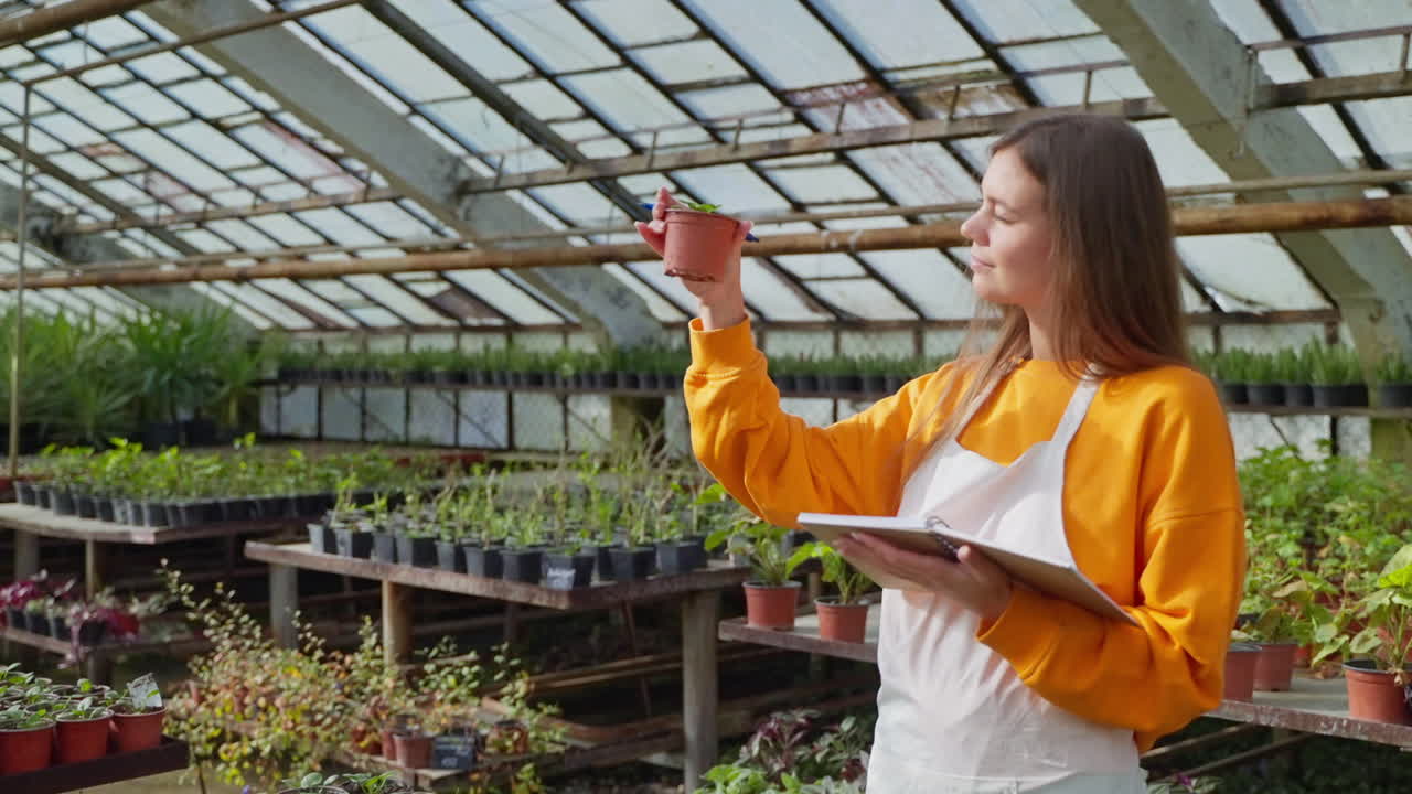mujer inspeccionando pequeñas plantas en un invernadero