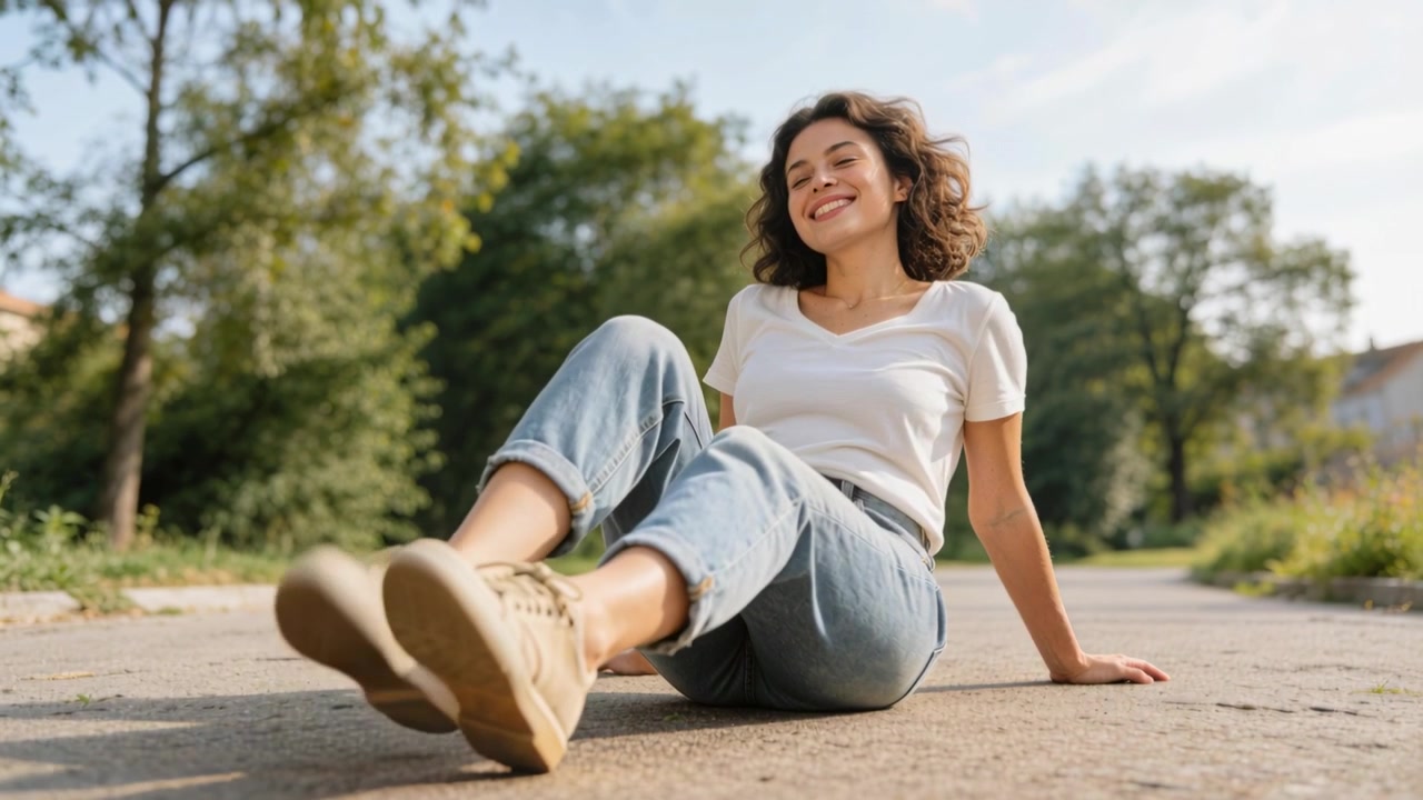 La telecamera si allontana mostrando una donna che sposta il peso, sorridendo e riposando su un sentiero del parco, indossando sneakers beige.
