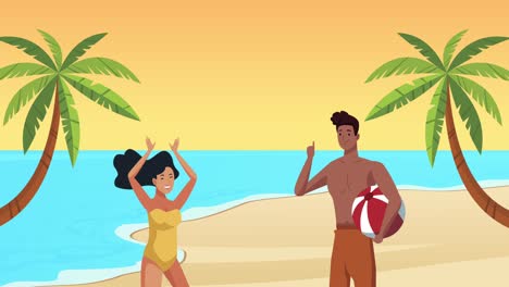 escena de paisaje marítimo de verano en la playa con una pareja joven y un globo