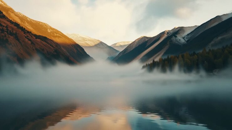 Sun rising brightening foggy mountain lake and peaks reflecting dawn colors as small flock glides