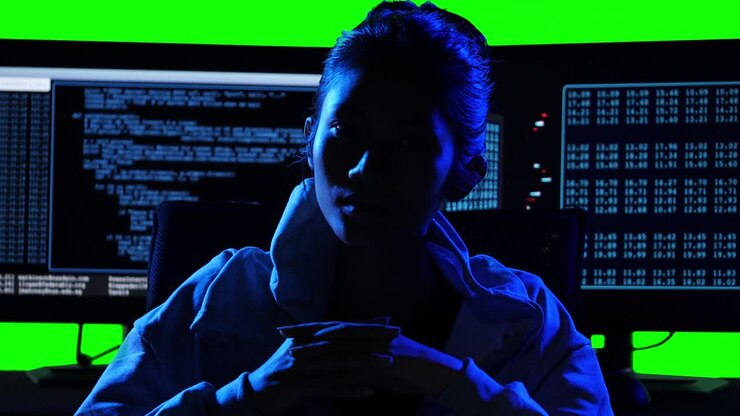 Hacker che programma in linguaggio informatico ed elabora dati con sfondo verde. Hacker che esegue codice sorgente e visualizza programmi sul monitor.
