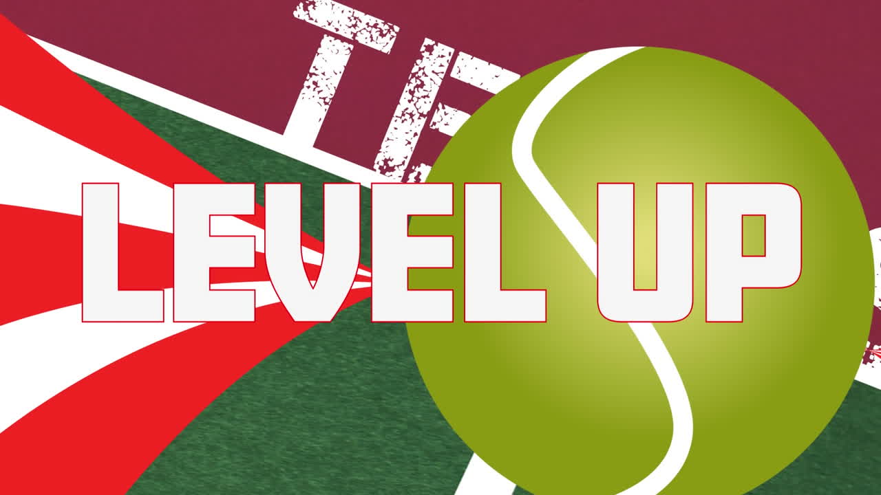 단어의 애니메이션 레벨 업, 빨간색과  ⁇ 색 줄무 ⁇ 와 테니스 코트 위의 테니스 공